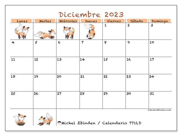 Calendario diciembre 2023 “771”. Calendario para imprimir gratis.. De lunes a domingo