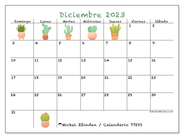 Calendario diciembre 2023 “772”. Diario para imprimir gratis.. De domingo a sábado
