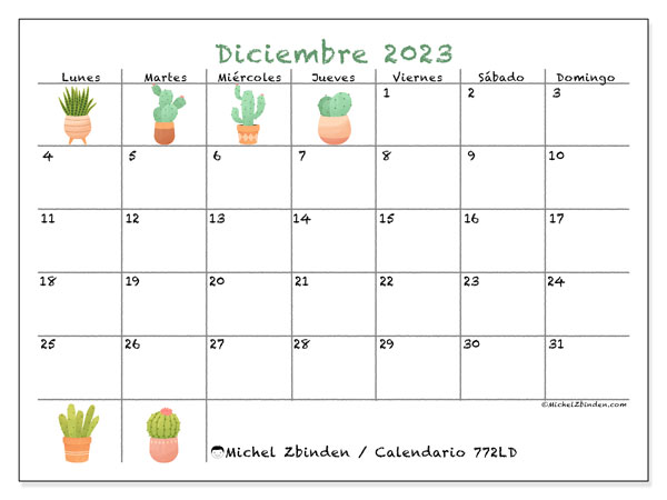 Calendario diciembre 2023 “772”. Calendario para imprimir gratis.. De lunes a domingo