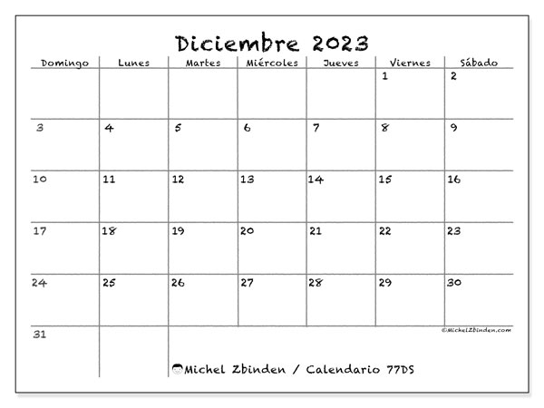 Calendario diciembre de 2023 para imprimir. Calendario mensual “77DS” y almanaque para imprimer gratis