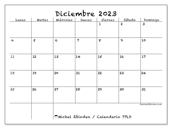 Calendario diciembre de 2023 para imprimir. Calendario mensual “77LD” y almanaque imprimibile