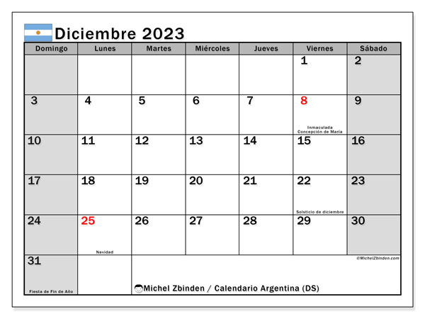 Calendario para imprimir, diciembre de 2023, Argentina (DS)