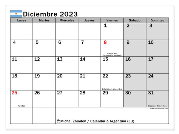 Calendario para imprimir, diciembre de 2023, Argentina (LD)