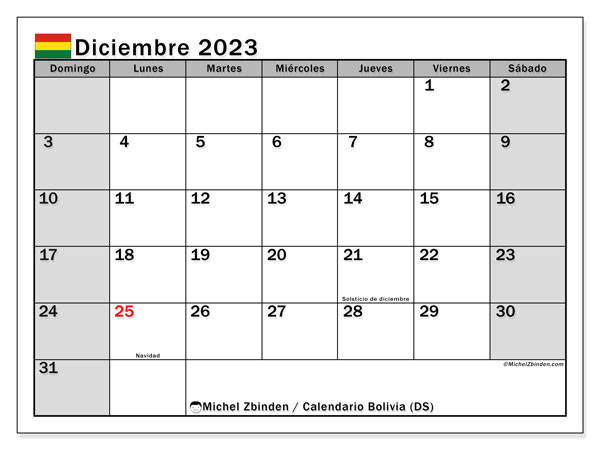 Calendario diciembre 2023, Bolivia (ES). Horario para imprimir gratis.