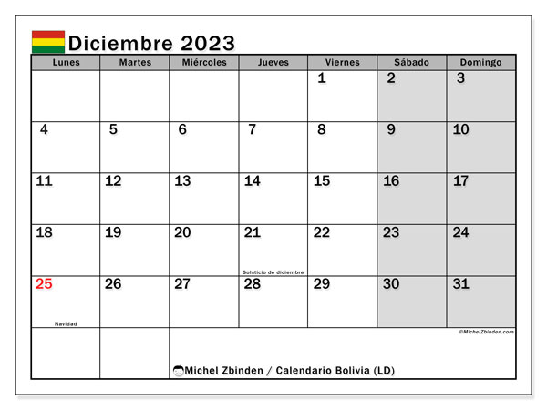 Kalender december 2023 “Bolivia”. Schema för gratis utskrift.. Måndag till söndag