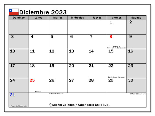 Kalender december 2023 “Chile”. Gratis kalender som kan skrivas ut.. Söndag till lördag