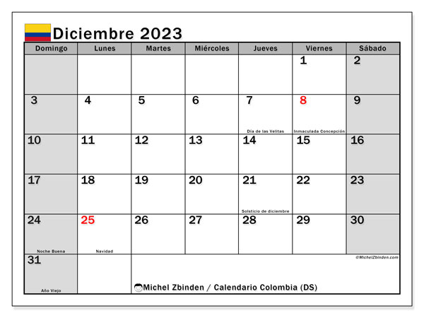 Kalendarz grudzień 2023, Kolumbia (ES). Darmowy kalendarz do druku.