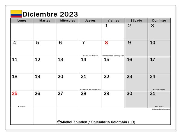 Kalender december 2023 “Colombia”. Gratis kalender som kan skrivas ut.. Måndag till söndag