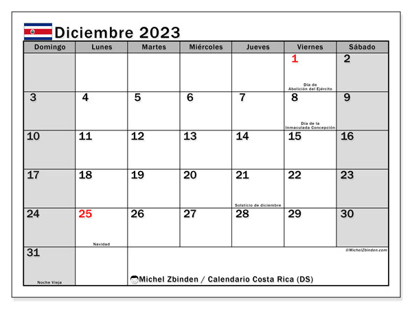 Kalendarz grudzień 2023, Kostaryka (ES). Darmowy kalendarz do druku.