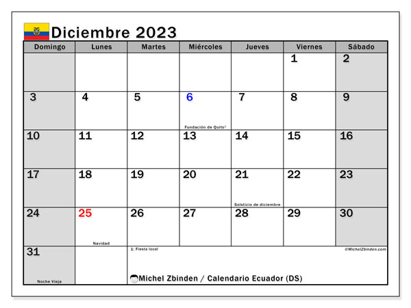 Calendário Dezembro 2023, Equador (ES). Programa gratuito para impressão.