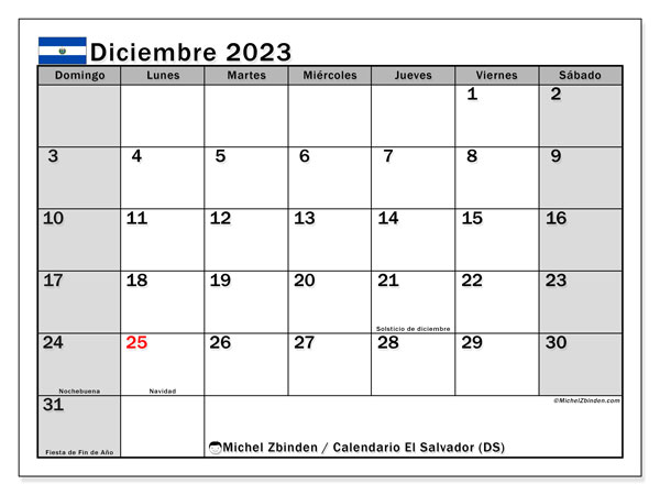 Kalendarz grudzień 2023, Salwador (ES). Darmowy kalendarz do druku.
