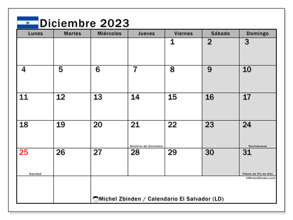 Kalender december 2023 “El Salvador”. Schema för gratis utskrift.. Måndag till söndag