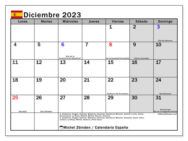 Calendrier décembre 2023, Espagne (ES), prêt à imprimer et gratuit.