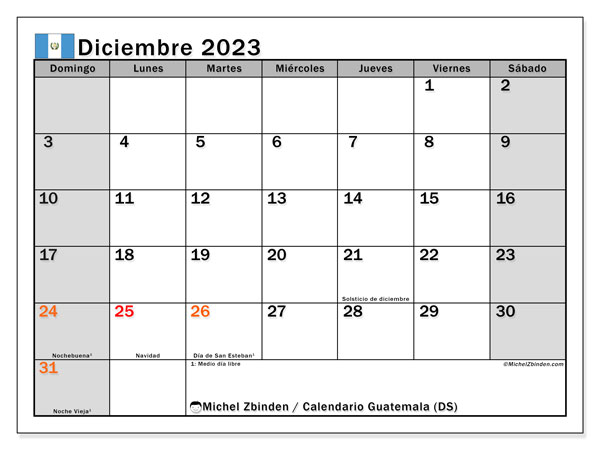 Kalendarz grudzień 2023, Gwatemala (ES). Darmowy kalendarz do druku.