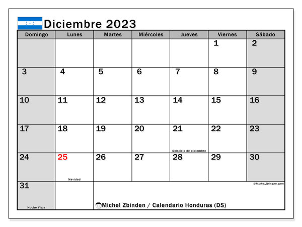 Calendario para imprimir, diciembre de 2023, Honduras (DS)