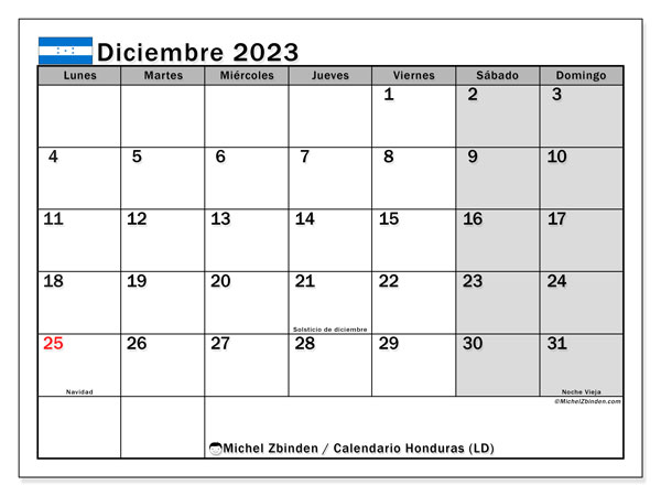 Kalender december 2023 “Honduras”. Gratis kalender som kan skrivas ut.. Måndag till söndag