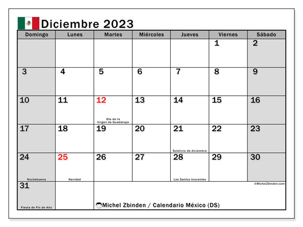 Calendario “México (DS)” para imprimir, con festivos. Calendario mensual diciembre de 2023 y cronograma imprimibile.