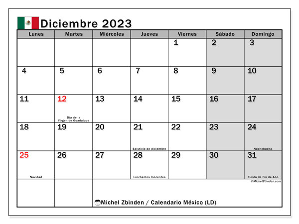 Calendario para imprimir, diciembre de 2023, México (LD)