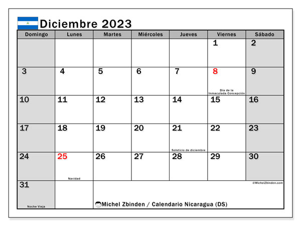 Calendario para imprimir, diciembre de 2023, Nicaragua (DS)