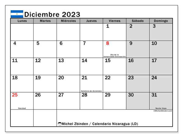 Kalender december 2023 “Nicaragua”. Schema för gratis utskrift.. Måndag till söndag