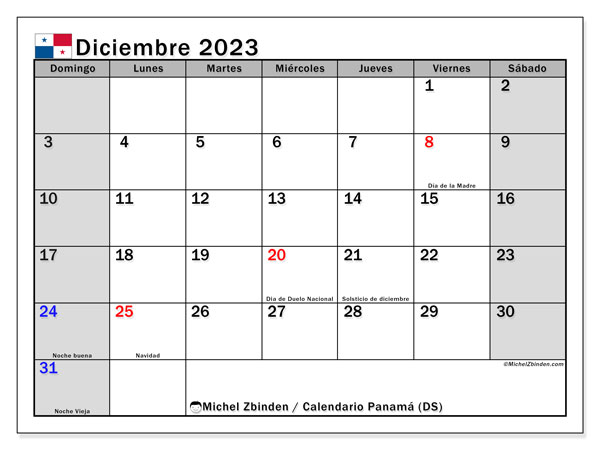 Kalendarz grudzień 2023, Panama (ES). Darmowy kalendarz do druku.