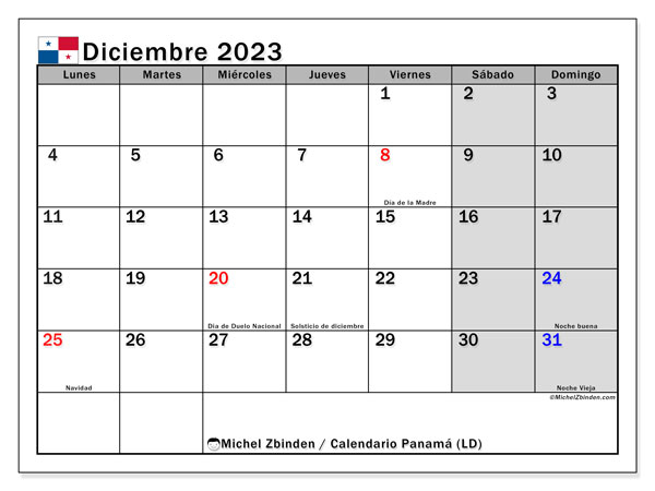 Calendario diciembre 2023 “Panamá”. Diario para imprimir gratis.. De lunes a domingo