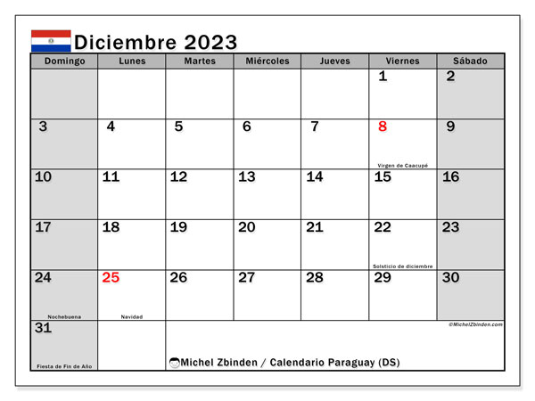 Calendario “Paraguay (DS)” para imprimir, con festivos. Calendario mensual diciembre de 2023 y cronograma imprimibile.
