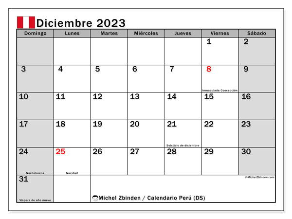 Kalenteri joulukuu 2023, Peru (ES). Ilmainen tulostettava ohjelma.