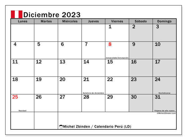 Calendario para imprimir, diciembre de 2023, Perú (LD)
