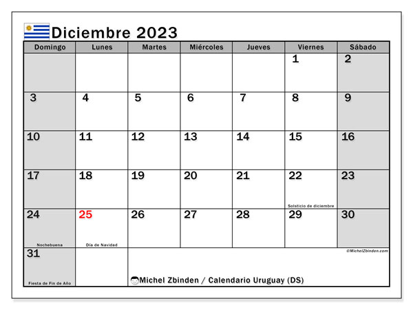 Calendario “Uruguay (DS)” para imprimir, con festivos. Calendario mensual diciembre de 2023 y cronograma imprimibile.