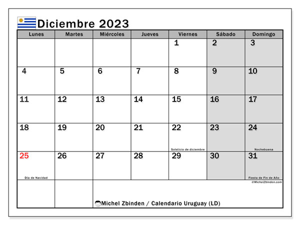 Calendario “Uruguay (LD)” para imprimir, con festivos. Calendario mensual diciembre de 2023 y almanaque imprimibile.