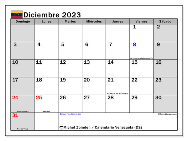 Calendario “Venezuela (DS)” para imprimir, con festivos. Calendario mensual diciembre de 2023 y almanaque gratuito para imprimir.