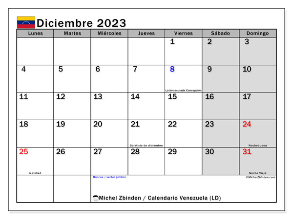 Calendario “Venezuela (LD)” para imprimir, con festivos. Calendario mensual diciembre de 2023 y almanaque imprimibile.