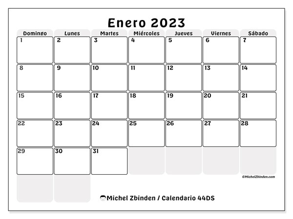 Calendario enero de 2023 para imprimir. Calendario mensual “44DS” y almanaque para imprimer gratis