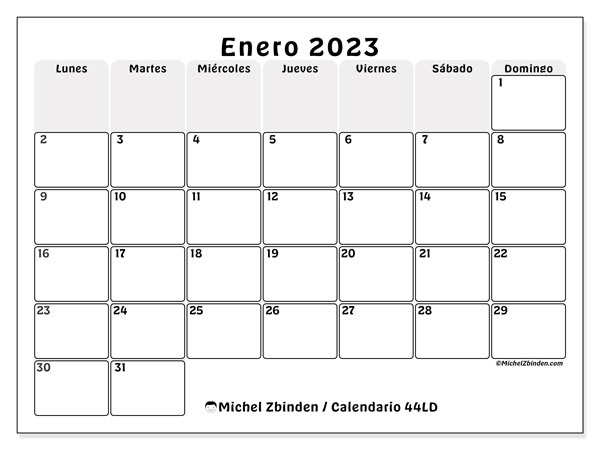 Calendario enero de 2023 para imprimir. Calendario mensual “44LD” y agenda imprimibile