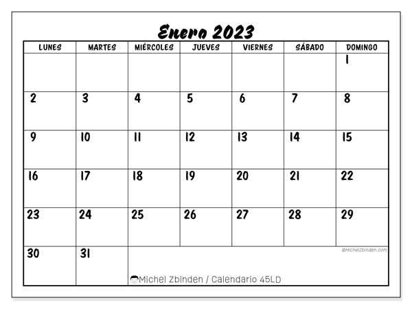 45LD, calendario de enero de 2023, para su impresión, de forma gratuita.