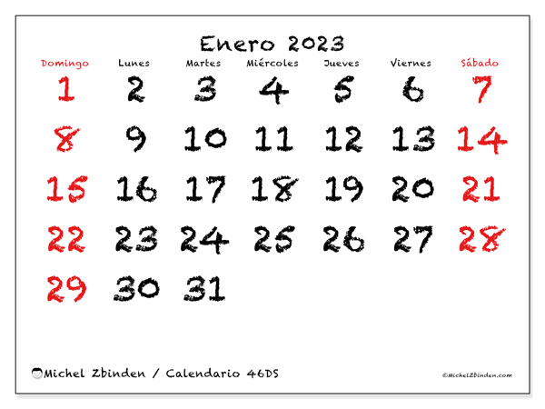 Calendario 46DS, enero de 2023, para imprimir gratuitamente. Horario imprimible gratuito