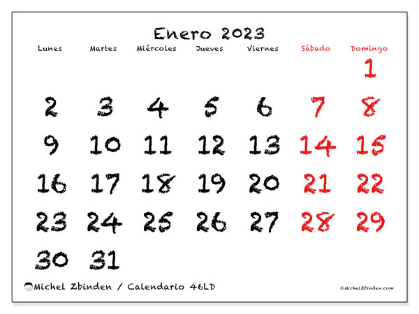 Calendario enero de 2023 para imprimir. Calendario mensual “46LD” y almanaque imprimibile