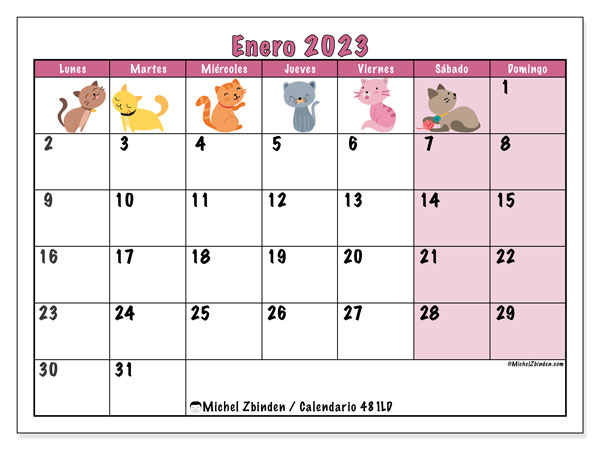 Calendario enero de 2023 para imprimir. Calendario mensual “481LD” y almanaque imprimibile