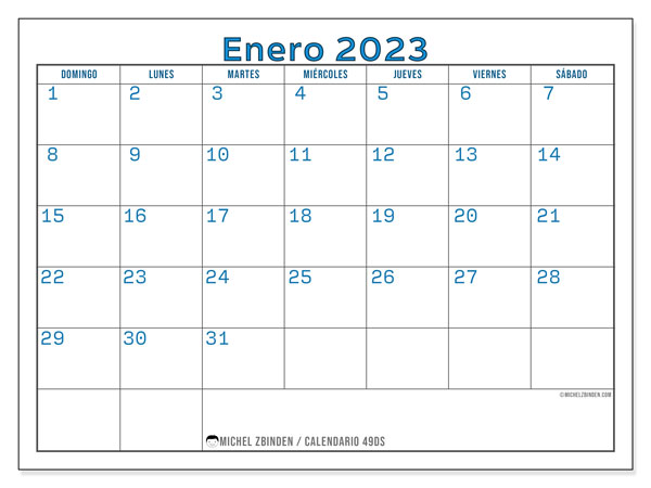 Calendario 49DS, enero de 2023, para imprimir gratuitamente. Agenda imprimible gratuita