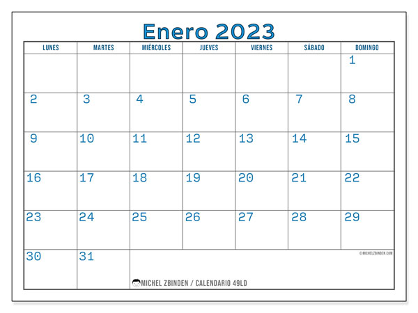 Calendario enero de 2023 para imprimir. Calendario mensual “49LD” y cronograma para imprimer gratis