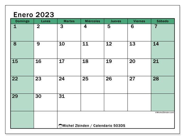 503DS, calendario de enero de 2023, para su impresión, de forma gratuita.