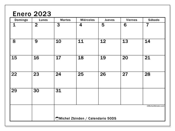 50DS, calendario de enero de 2023, para su impresión, de forma gratuita.