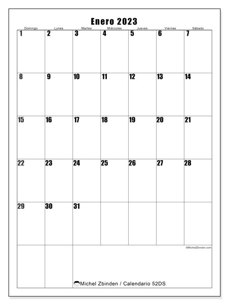 Calendario para imprimir, enero 2023, 52DS