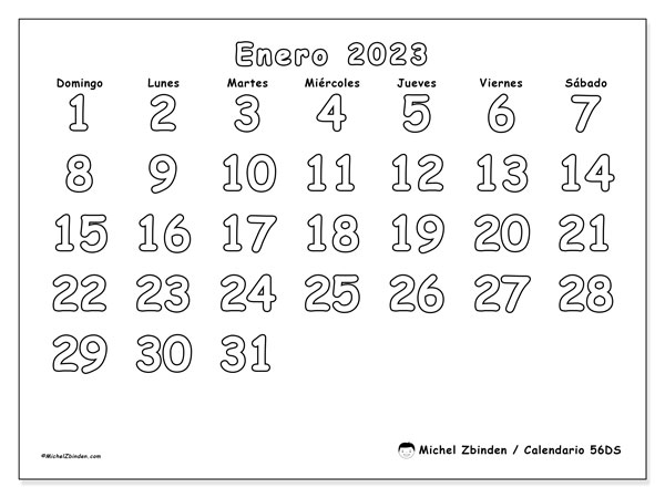 Calendario enero de 2023 para imprimir. Calendario mensual “56DS” y cronograma para imprimer gratis