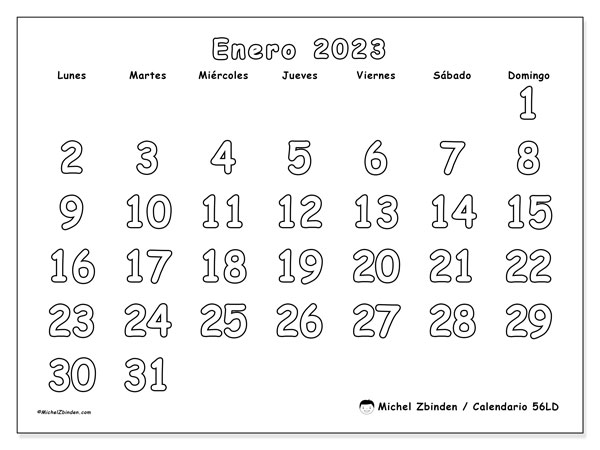 Calendario enero de 2023 para imprimir. Calendario mensual “56LD” y almanaque imprimibile
