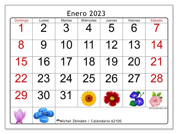 Calendario enero de 2023 para imprimir. Calendario mensual “621DS” y planificación gratuito para imprimir