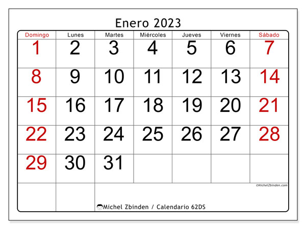 Calendario enero de 2023 para imprimir. Calendario mensual “62DS” y almanaque para imprimer gratis