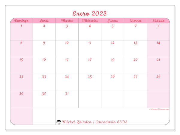Calendario enero de 2023 para imprimir. Calendario mensual “63DS” y cronograma para imprimer gratis