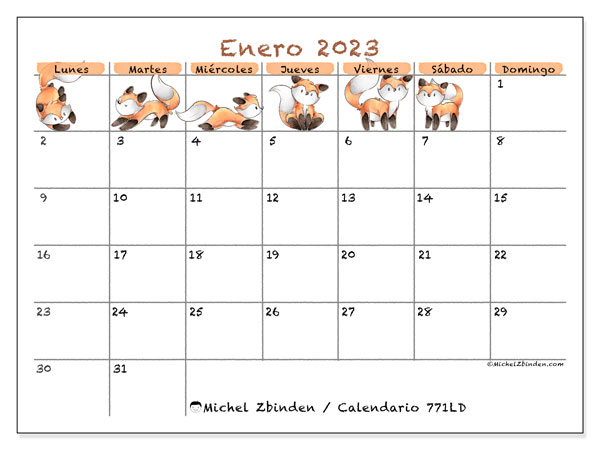 Calendario enero de 2023 para imprimir. Calendario mensual “771LD” y agenda para imprimer gratis